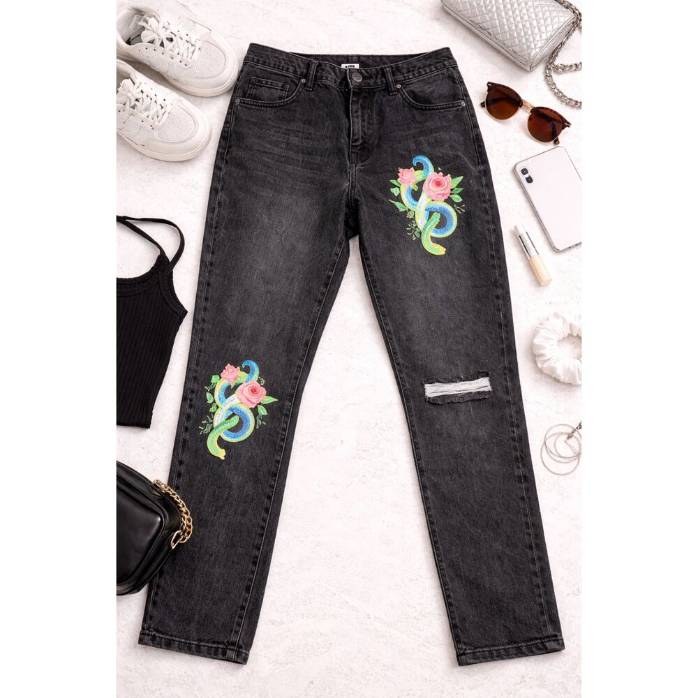 Daisy Street Womens Black Stonewash Snake Design Jeans Size L 33/27  Grunge (153